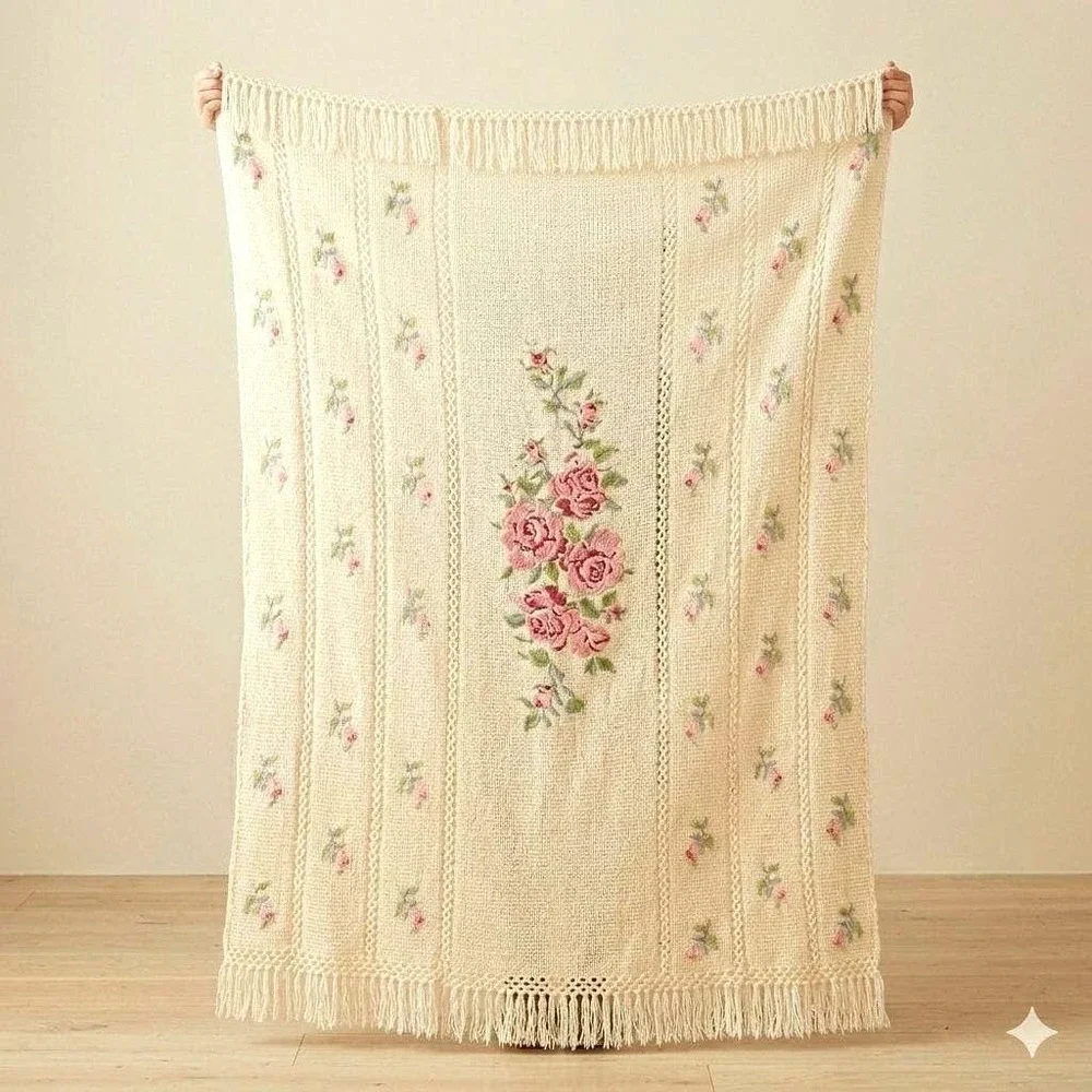 Hand Knit Cottagecore Throw Blanket Afghan Intricate Rose Needlepoint Design